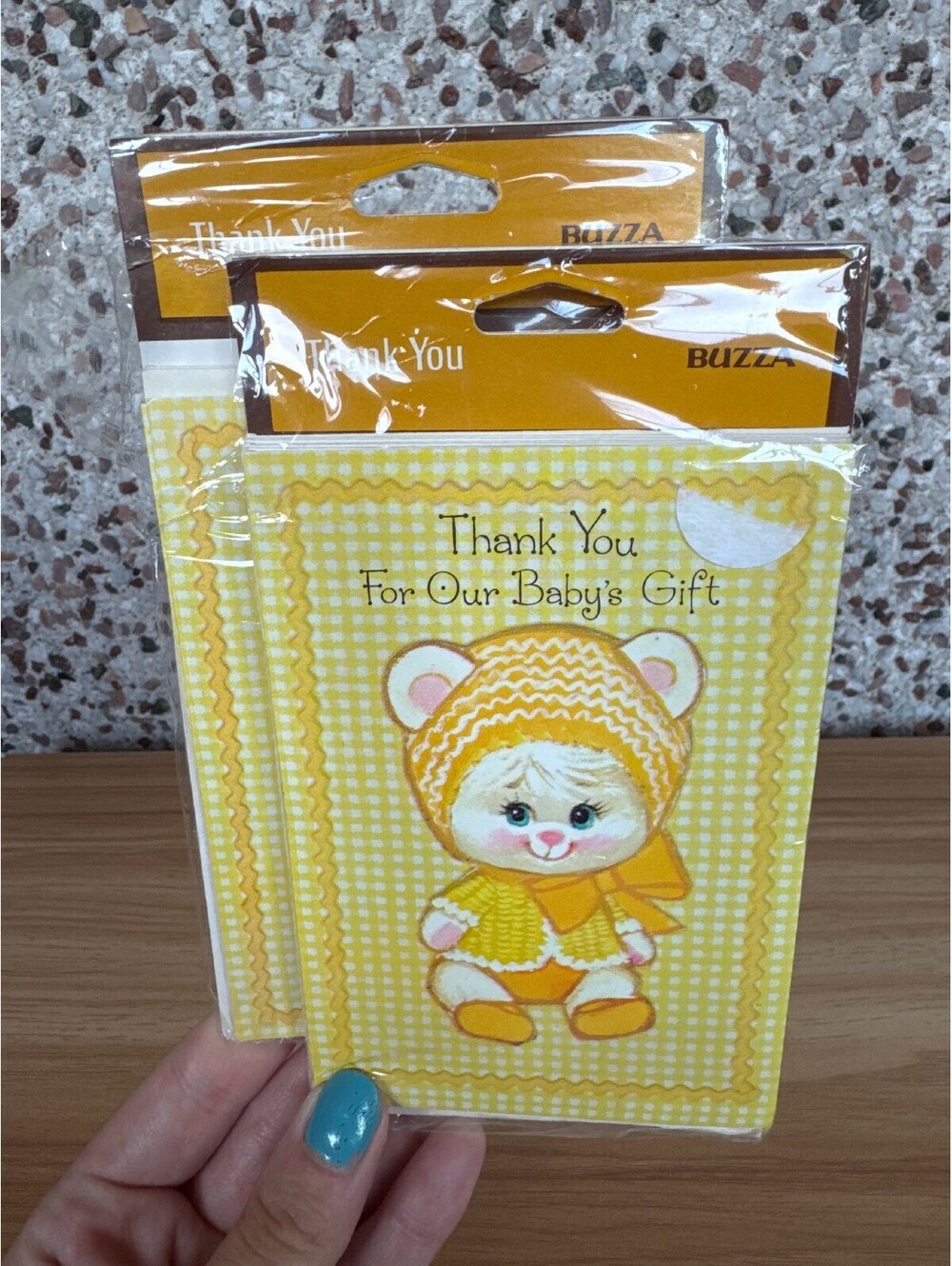 Vintage Buzza Gibson Baby Thank You Notes Bonnet Bear Yellow Gingham 2 Pack NOS